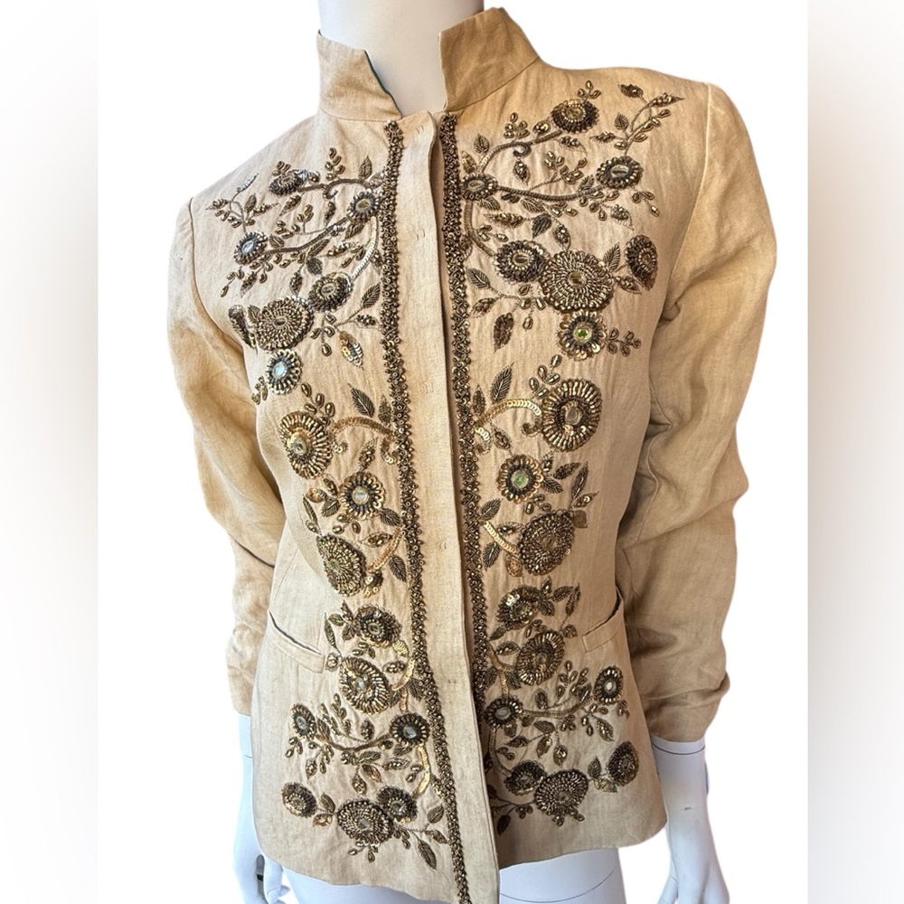 Alberta Feretti natural linen cropped jacket w/ beaded and sequin embellishment
